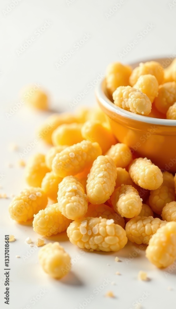 Golden kernels, sweet and salty coating, white backdrop , sweet and salty, macro, sugar Golden kernels, sweet and salty coating, white backdrop , sweet and salty, macro, sugar