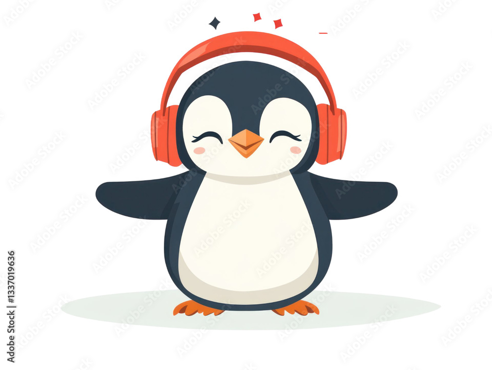 Obraz premium Cheerful cartoon penguin with orange headphones dancing against transparent backdrop. Joyful bird with outstretched wings and closed eyes on a white surface