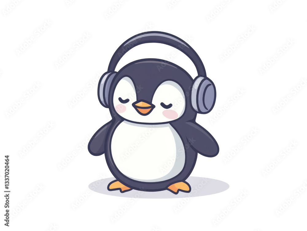 Fototapeta premium Cartoon penguin with closed eyes wearing headphones listening to music on a transparent background