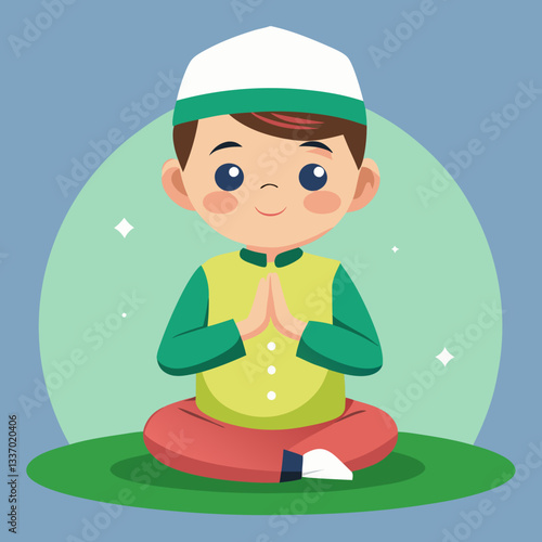 Smiling Muslim Boy in Traditional Clothing, Eid Greeting Illustration