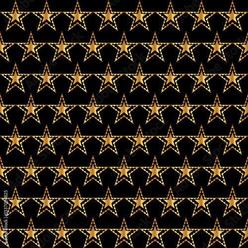 A repeating pattern of golden stars on a black background creates a striking visual effect.