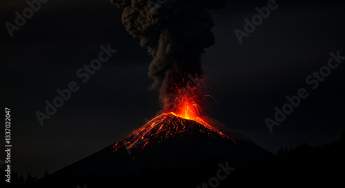 Night Eruption Volcano Spewing Lava Ash and Smoke at Night