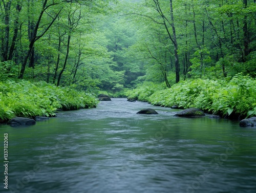 Serene river flowing through lush green forest under soft morning light
