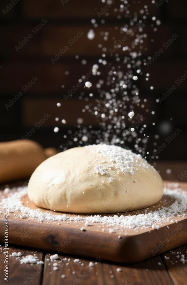 Sprinkling flour on fresh dough for baking delicious bread Sprinkling flour on fresh dough for baking delicious bread
