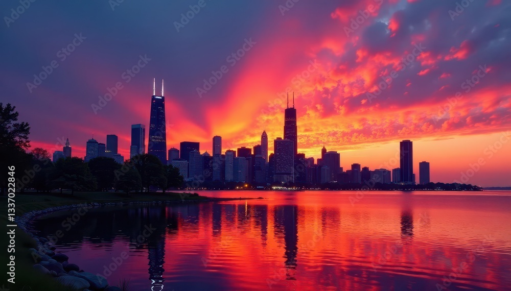 Fototapeta premium Fiery sunset paints Chicago's towers, lake serene, landscape, colors, light