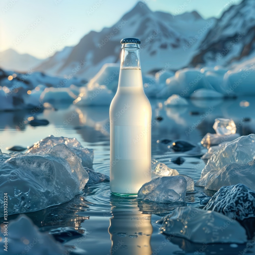Glacial beverage. Frosted beer bottle with blank label surrounded by ice chunks in glacial blue water with snowy mountains in background.