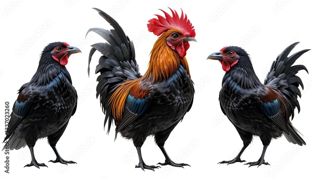 Fototapeta premium Isolated Rooster bantam crows on a white backdrop 
