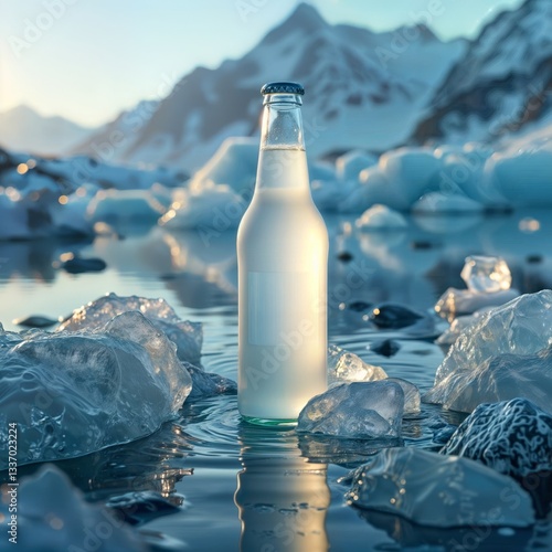 Obraz na płótnie Glacial beverage. Frosted beer bottle with blank label surrounded by ice chunks in glacial blue water with snowy mountains in background. w salonie