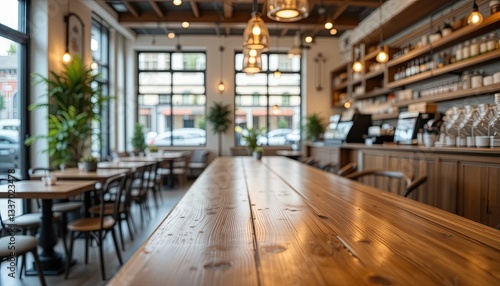 Wallpaper Mural An up-close look at a hardwood table at a lovely, modern coffee shop
 Torontodigital.ca