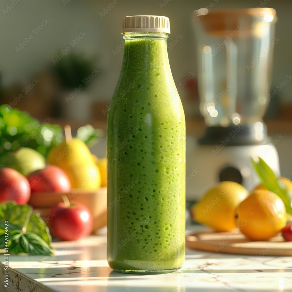 Green smoothie bottle. Bottle of fresh green smoothie in a kitchen setting with fruits and blender.
