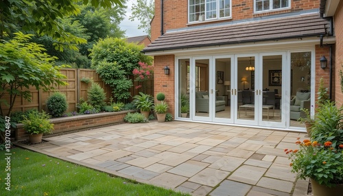 Gorgeous bifold doors, a lovely lawn, and an Indian sandstone patio

