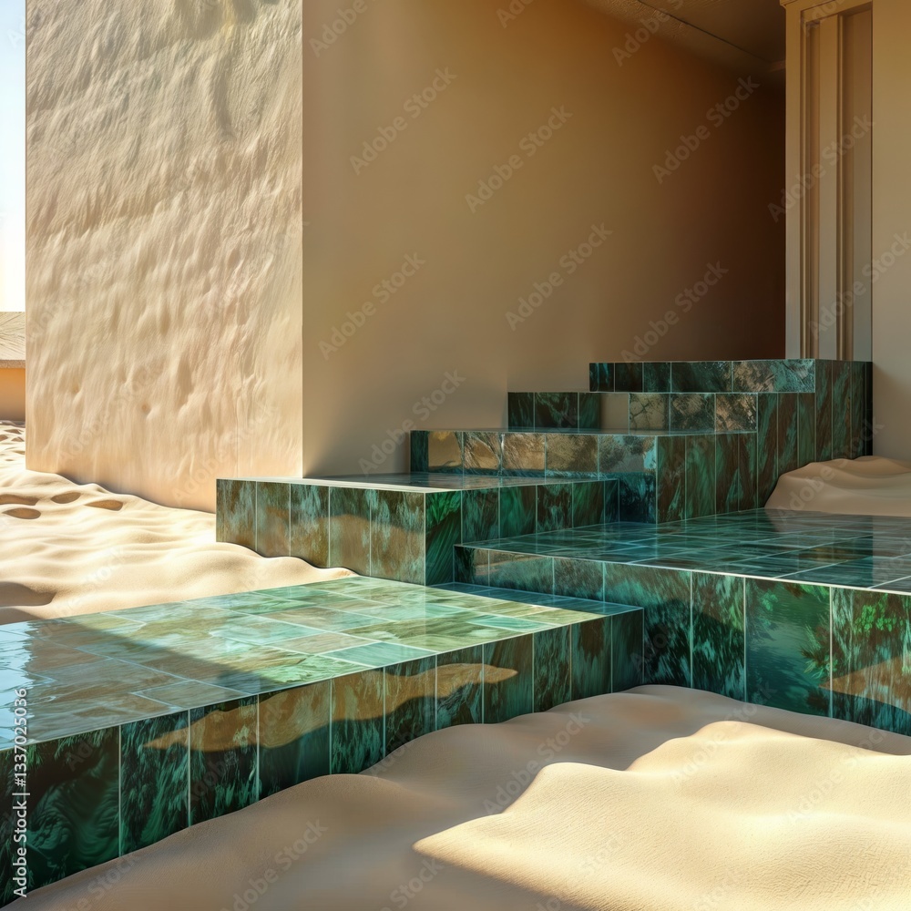Green tiled stairs outdoors. Modern staircase with green tiles leading up outside in bright sunlight with shadows.