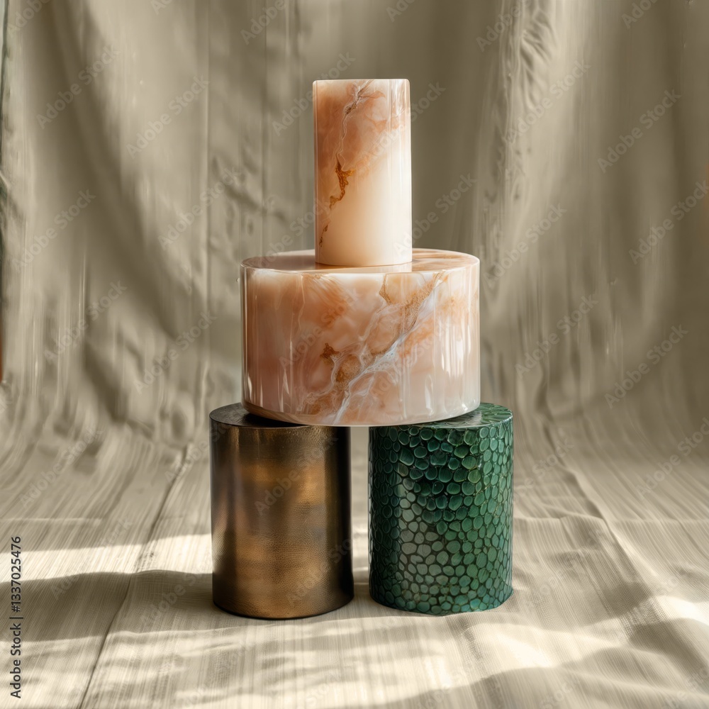 Stacked decorative cylinders. Pile of decorative cylinders with different textures and patterns stacked on a draped fabric in sunlight.