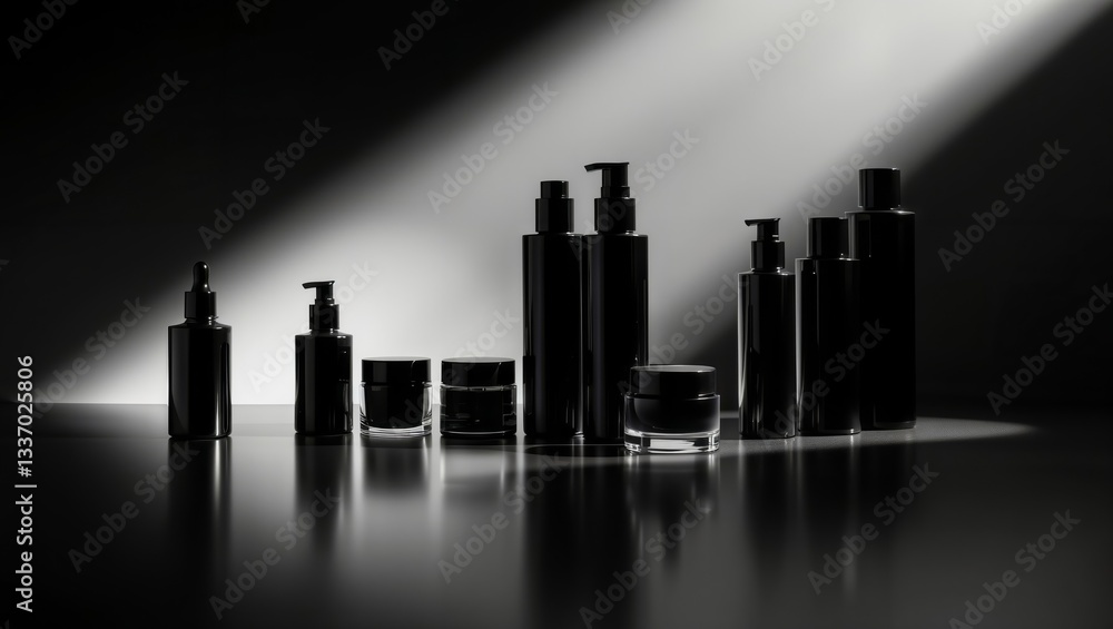 Elegant black cosmetics. Description. Black cosmetic bottles and jars in a row on a reflective surface with dramatic lighting.