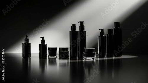 Obraz na płótnie Elegant black cosmetics. Description. Black cosmetic bottles and jars in a row on a reflective surface with dramatic lighting. w salonie