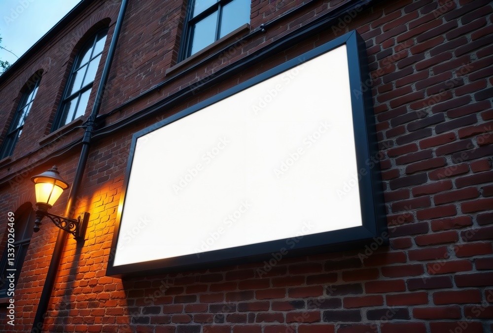 Blank billboard brick wall. Description. Empty white billboard mounted on a red brick wall with a street lamp in the corner.