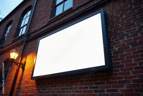 Blank billboard brick wall. Description. Empty white billboard mounted on a red brick wall with a street lamp in the corner.