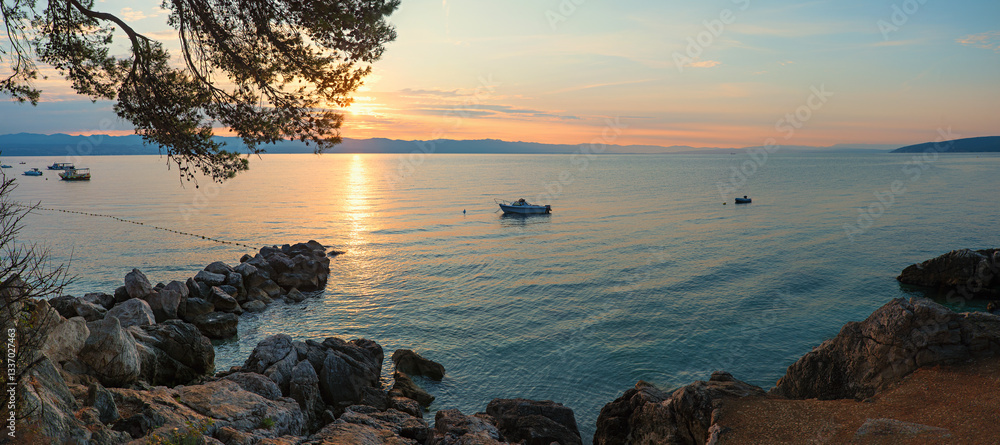 sunset at the rocky coast of moscenicka draga, croatia. adriatic ocean with boats, pine tree branches
