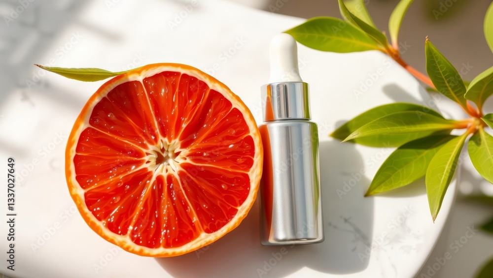 Citrus essential oil. Overhead view of a cut blood orange half next to a silver essential oil bottle on white marble surface with green leaves in sunlight.