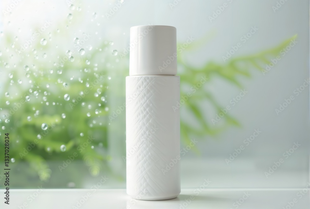 White Bottle Fresh Spa. Minimalist white cosmetic bottle with water droplets, set against a soft background of green leaves for a fresh, spa-like feel.