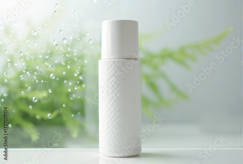 Obraz na płótnie White Bottle Fresh Spa. Minimalist white cosmetic bottle with water droplets, set against a soft background of green leaves for a fresh, spa-like feel. w salonie