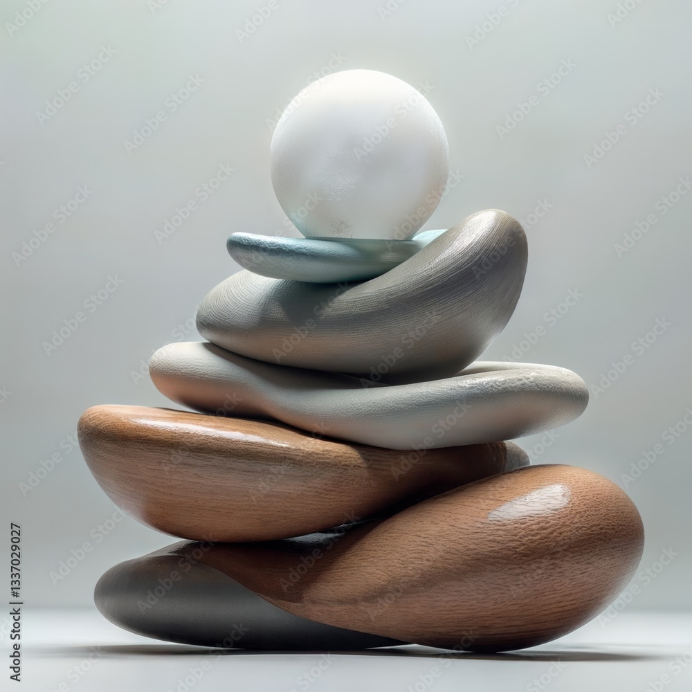 Stacked Stones Zen Balance. Artful stack of smooth stones topped with a white sphere, symbolizing zen, balance, and tranquility in soft, diffused lighting.
