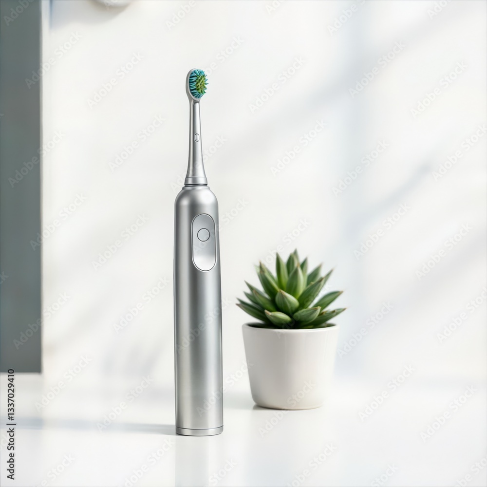 Electric Toothbrush Clean Bathroom. Sleek electric toothbrush standing next to a small succulent plant in a minimalist white bathroom setting, representing modern hygiene.