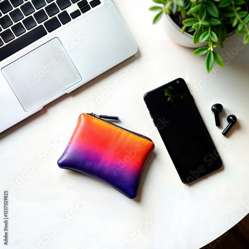 Obraz na płótnie Modern tech flat lay. Top view of a laptop, smartphone, earphones and a colorful pouch on a white table, representing modern technology and accessories. w salonie