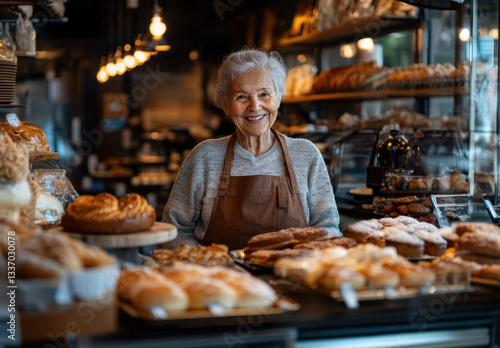 An elderly woman with a warm smile stands behind a bakery counter, surrounded by an array of freshly baked goods in a welcoming atmosphere