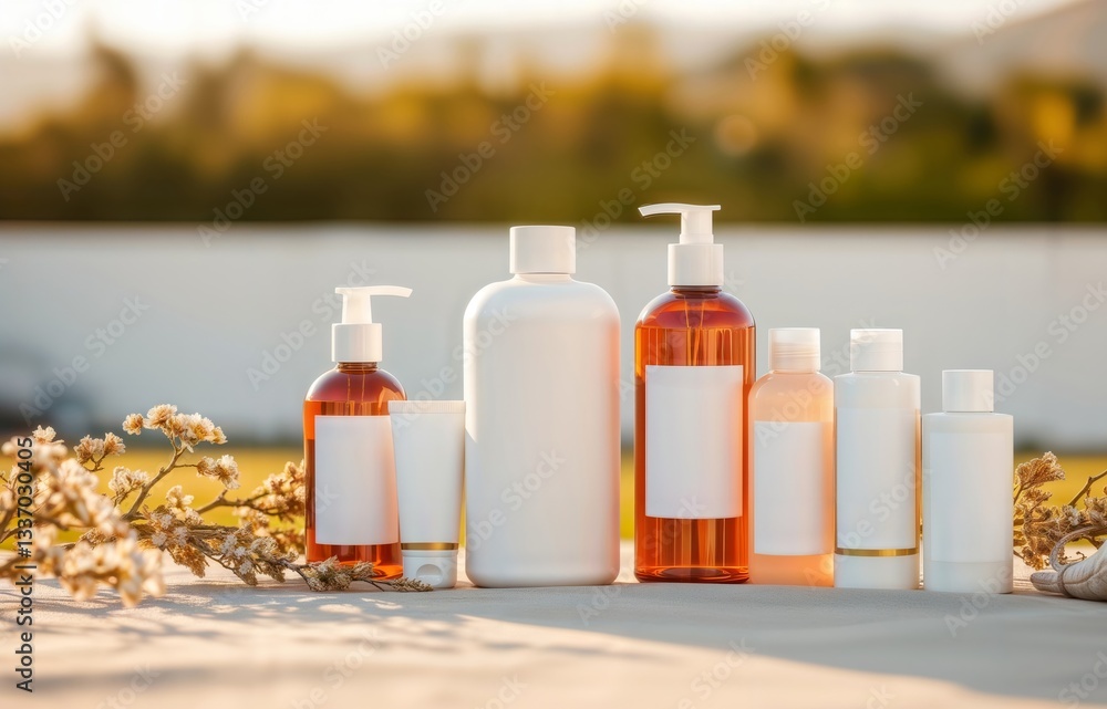 Beauty products in sunlight. Various white and orange cosmetic bottles and containers are arranged outdoors in natural sunlight with blurred background.