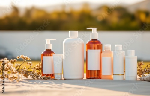 Obraz na płótnie Beauty products in sunlight. Various white and orange cosmetic bottles and containers are arranged outdoors in natural sunlight with blurred background. w salonie