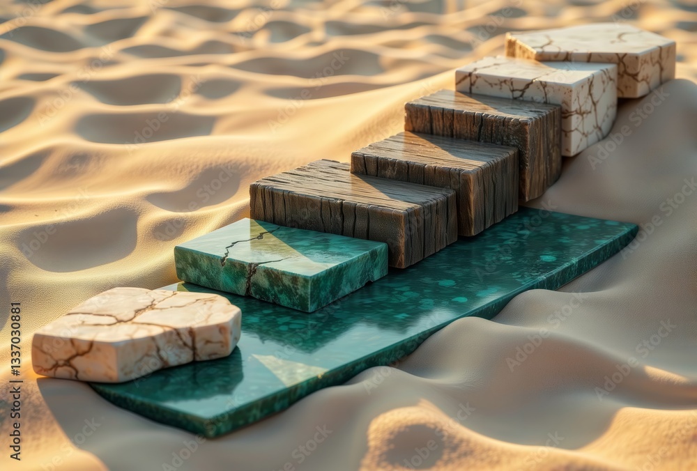 Green steps on sand dunes. Abstract composition of green and beige steps arranged on sand dunes, creating a minimalist and geometric scene.