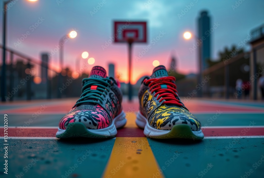 Colorful sneakers on court. Brightly patterned athletic shoes on an outdoor basketball court at dusk in urban setting.