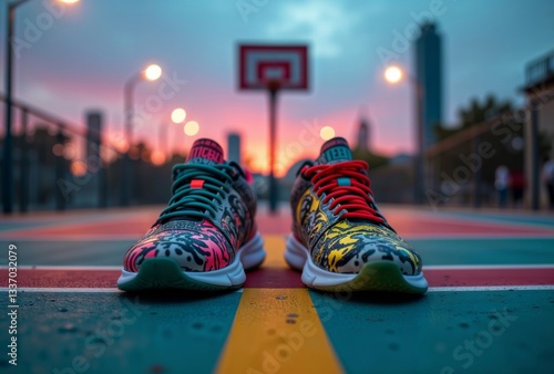 Obraz na płótnie Colorful sneakers on court. Brightly patterned athletic shoes on an outdoor basketball court at dusk in urban setting. w salonie