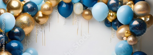Birthday party decoration photo zone with blue and gold balls in up on the white background	