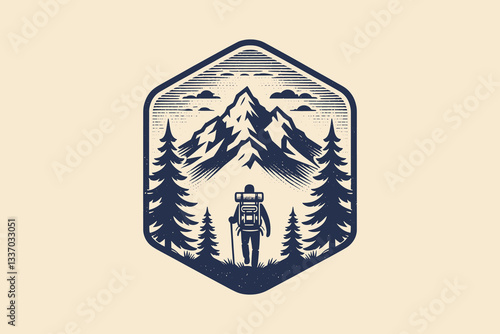 Hiker with backpack walking toward mountain, vintage vector icon