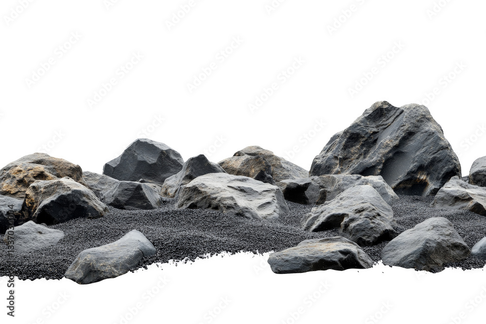 a pile of rocks and gravel on a white background cutout image and isolated on transparent background