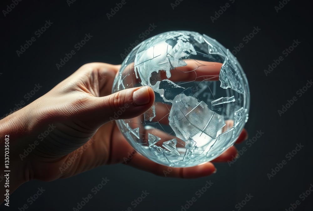 Fragile earth in hand. A hand delicately holds a cracked glass globe against a dark background, symbolizing the fragility of our planet.