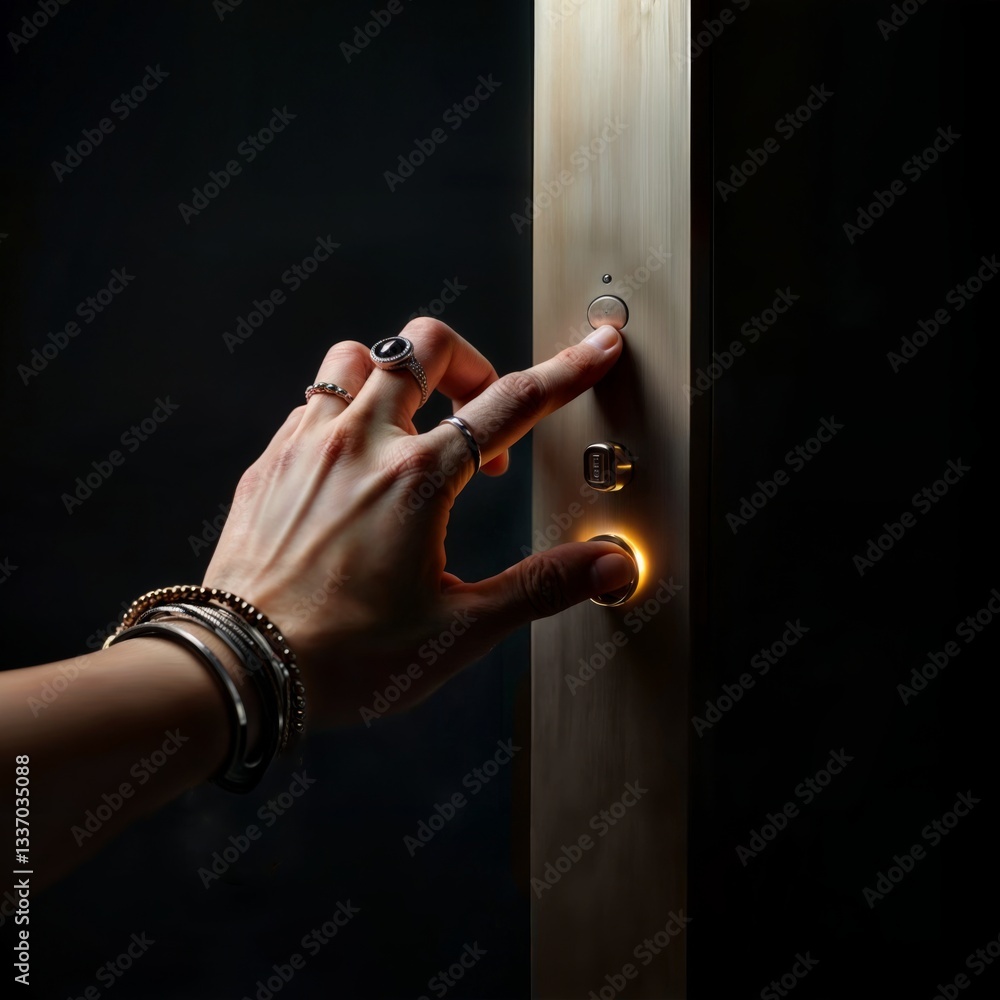 Pressing elevator button. Close-up of a finger with rings pushing a metallic elevator button in a modern lift with dark lighting.