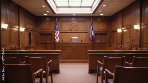 Courtroom interior, wooden paneling, flags, judge's bench