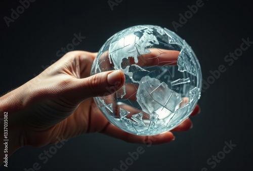 Obraz na płótnie Fragile earth in hand. A hand delicately holds a cracked glass globe against a dark background, symbolizing the fragility of our planet. w salonie