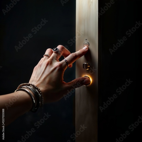 Obraz na płótnie Pressing elevator button. Close-up of a finger with rings pushing a metallic elevator button in a modern lift with dark lighting. w salonie