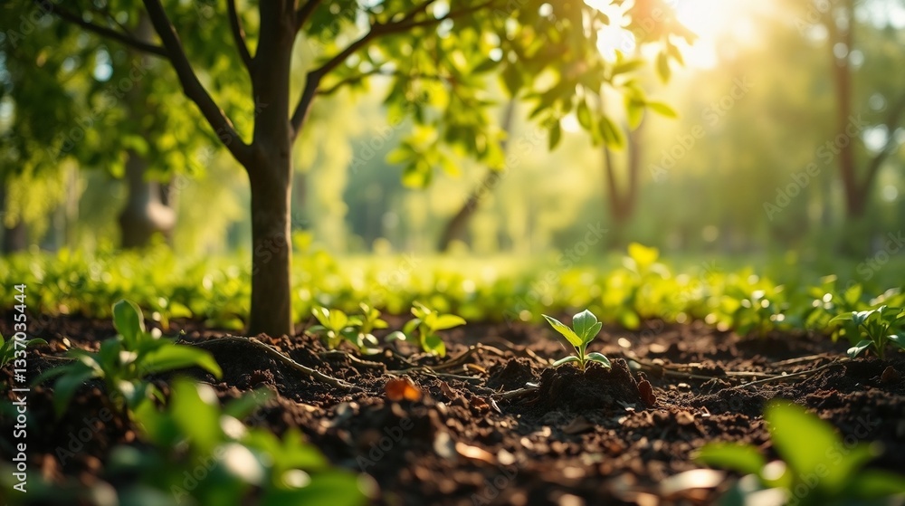 Sunlit Forest Ground with Young Plant and Tree in Background