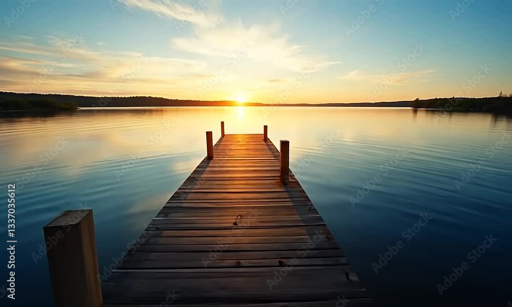 Sunset Serenity: Wooden Dock Extending into Calm Lake Waters Sunset Serenity: Wooden Dock Extending into Calm Lake Waters