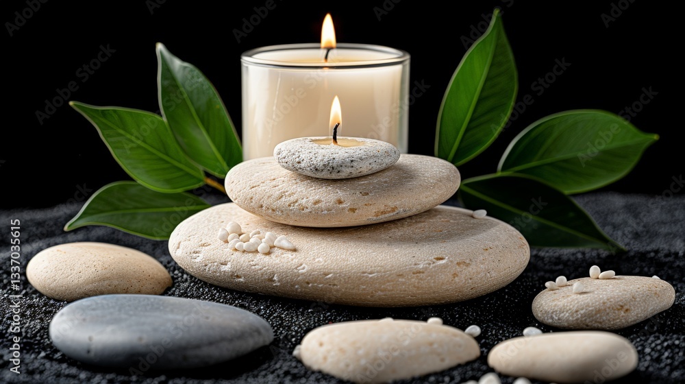 Obraz premium Tranquil zen arrangement with lit candle, smooth stones, and green leaves