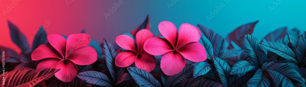 Fototapeta premium Vibrant pink flowers contrast beautifully against a gradient background of blue and red, creating a striking visual display.