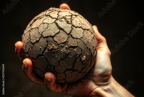 Cracked earth hand. A hand sculpted from dry cracked earth against a dark background, illustrating environmental concerns and fragility of nature.