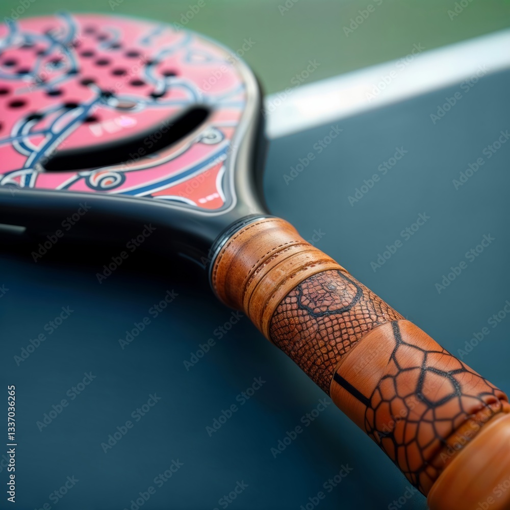 Pink pickleball paddle detail. Close-up showing decorated paddle with pink surface, blue ornate pattern and wooden handle with snake skin texture design.
