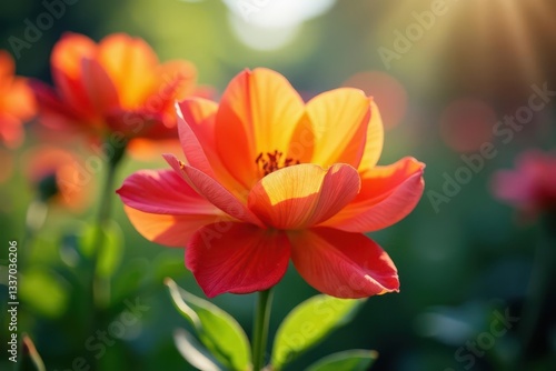 Sun-drenched blooms burst forth, vibrant petals unfurl , pretty, illuminated