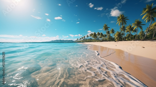 Idyllic Tropical Beach Scene with Palm Trees and Clear Blue Waters